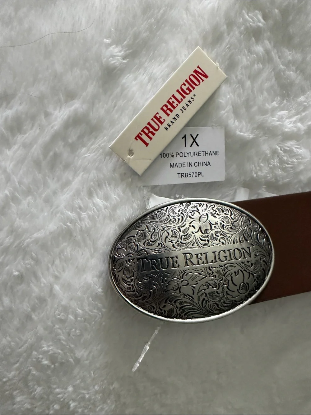 True Religion Chestnut Leather Belt with Ornate Silver Oval Buckle